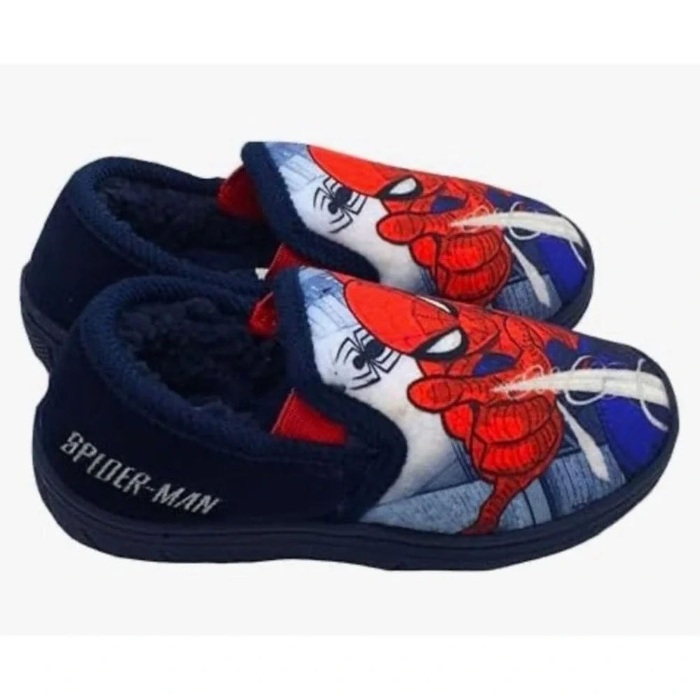 Boys Spiderman Slippers Marvel‎ Slip On Kids Size 8 Fleece Insole Navy Spidey